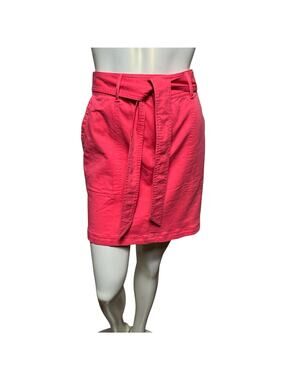 LOFT Coral Pink Cotton Blend Mini Skirt Size 8 Tie Belt Pockets Summer Vacation